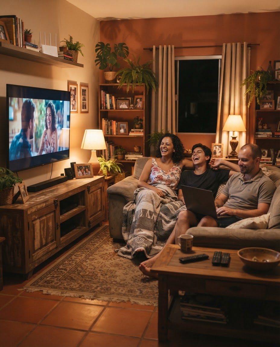 Família usando a internet fibra da GODNET